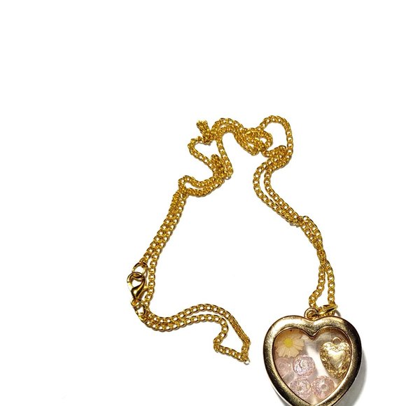 Fun Gold Plated Locket Necklace with Peach Flower, Pink Beads and Gold Heart - Picture 12 of 13